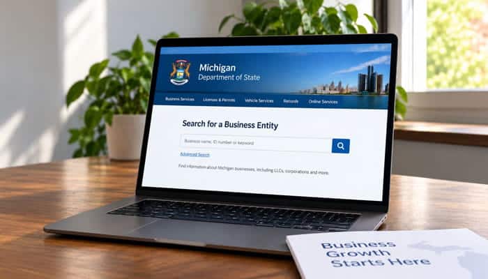 Michigan Business Entity Search - Startupeditor | Startup Editor Michigan Business Entity Search shown on a laptop for finding Michigan LLC and corporation records.