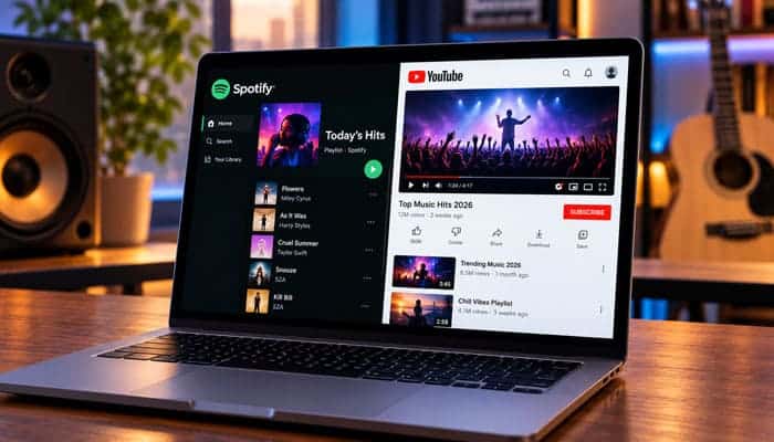 Music Streaming and YouTube Royalties - Startupeditor | Startup Editor Tekashi 69 Net Worth 2026 concept image showing a laptop with Spotify and YouTube screens representing streaming income and music earnings