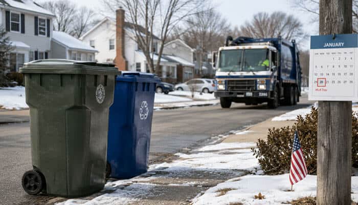 Does MLK Day Affect Trash and Recycling Collection? - Startup Editor | Startup Editor MLK 2027 holiday schedule showing garbage trucks, recycling bins, and a January calendar highlighting Martin Luther King Jr. Day service changes and local collection updates.
