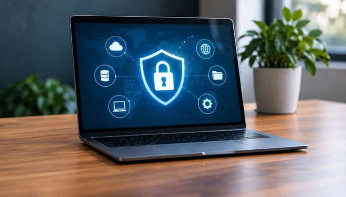 Protect Your Website and Digital Assets - Startupeditor | Startup Editor Website security illustration on a laptop representing digital asset protection when using Glorvix Com services.