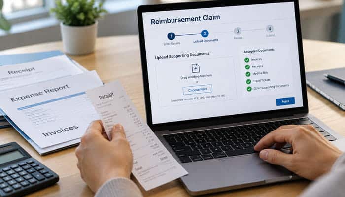 Reimbursement Claims and Document Submission - Startupeditor | Startup Editor Laptop screen shows a reimbursement claim form titled 'Reimbursement Claim' with steps and receipt upload area while a hand holds a receipt and printed invoices sit on the desk, plus a calculator nearby.