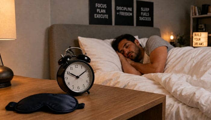 Startup Sleep System - Startupeditor | Startup Editor Startup Sleep and founder recovery with entrepreneur sleeping beside an alarm clock
