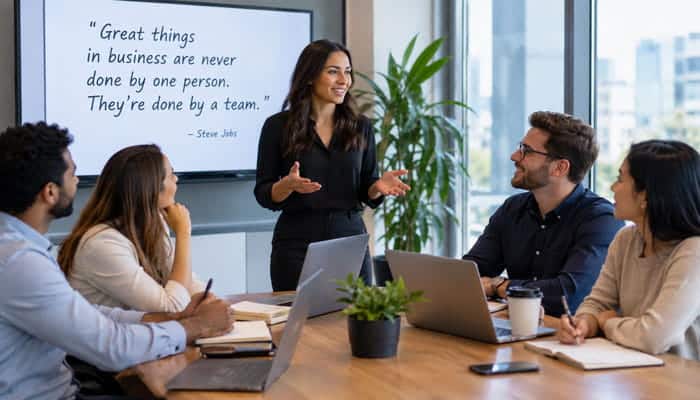 Team Meetings - Startupeditor | Startup Editor Inspirational quotes for work shared during a team meeting in a modern office