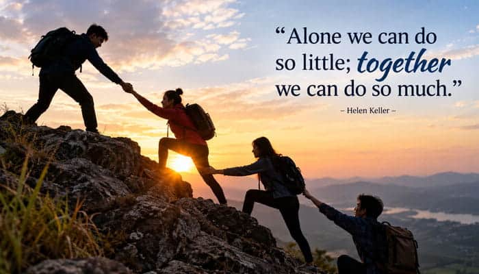 Teamwork Collaboration Quotes - Startupeditor | Startup Editor Inspirational quotes for work about teamwork showing hikers helping each other climb a mountain