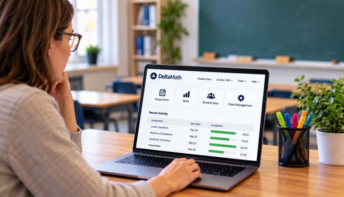 Tips for Teachers Using Delta Math - Startupeditor | Startup Editor Teacher using Delta Math to review assignments, student data, and class progress