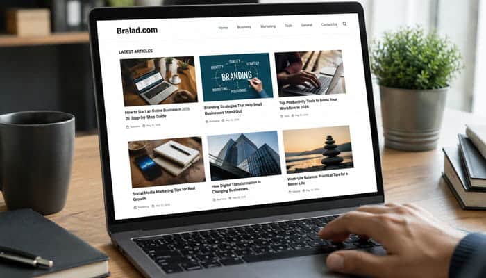 What Does Bralad - Startupeditor | Startup Editor Bralad.com website displayed on a laptop with recent articles and business content.