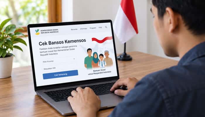 What Is Cek Bansos Kemensos - Startupeditor | Startup Editor Cek Bansos Kemensos portal displayed on laptop for checking social assistance eligibility