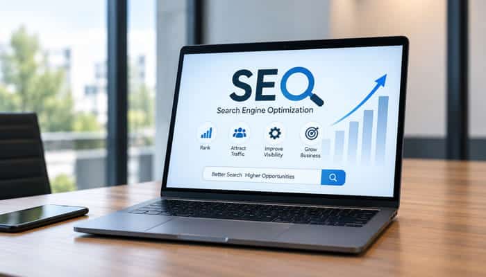 What Is SEO - Startupeditor | Startup Editor SEO dashboard on a laptop showing search rankings and traffic growth for a Glorvix Com SEO guide.