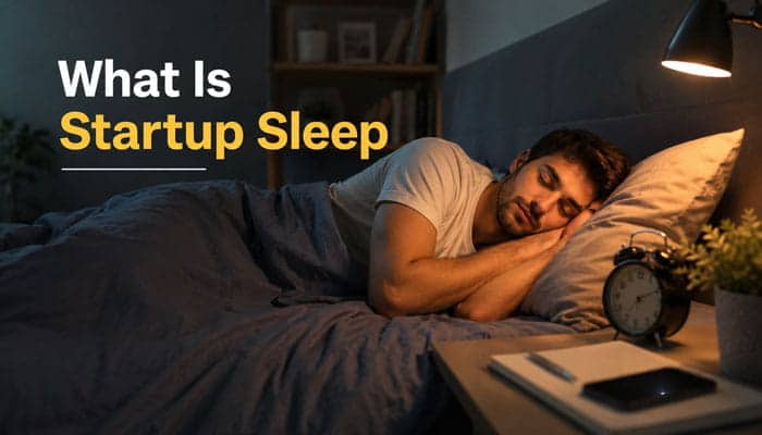 What Is Startup Sleep - Startupeditor | Startup Editor Startup Sleep routine showing a founder resting in bed after a demanding workday