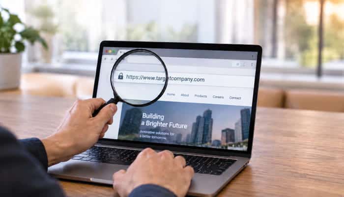 What Is Target Company URL Research - Startupeditor | Startup Editor Target Company URL Research showing a magnifying glass checking an official company website URL on a laptop.