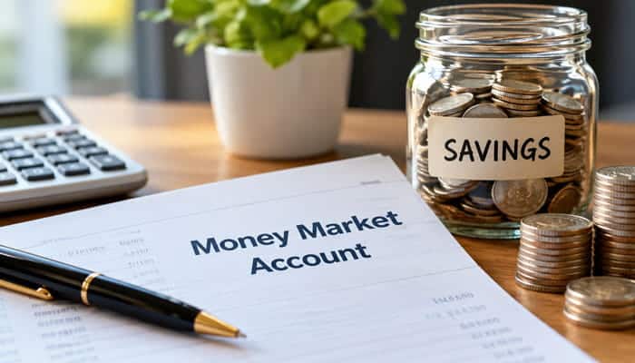 What Is a Money Market Account - Startupeditor | Startup Editor Is a money market account FDIC insured with savings jar, coins, calculator, and account document