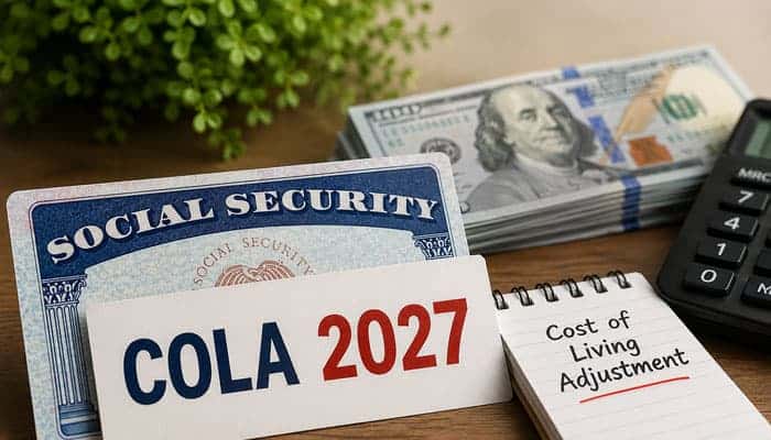 What Is the Social Security 2027 COLA - Startupeditor | Startup Editor Social Security 2027 COLA image showing Social Security card, 0 bills, calculator and cost-of-living adjustment note.