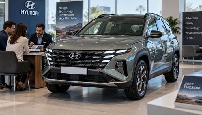 What Should You Check Before Ordering a 2027 Hyundai Tucson - Startupeditor | Startup Editor 2027 Hyundai Tucson displayed inside a Hyundai dealership showroom