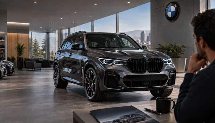 What Should You Check Before Ordering a BMW X5 2027 - Startupeditor | Startup Editor BMW X5 2027 luxury SUV displayed inside a modern BMW showroom.