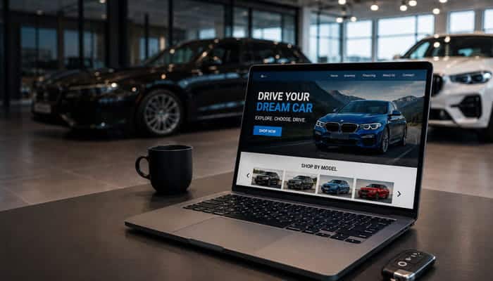 Why Automotive Digital Marketing Matters - Startupeditor | Startup Editor Automotive Digital Marketing Agency website displayed on a laptop inside a modern car dealership showroom.
