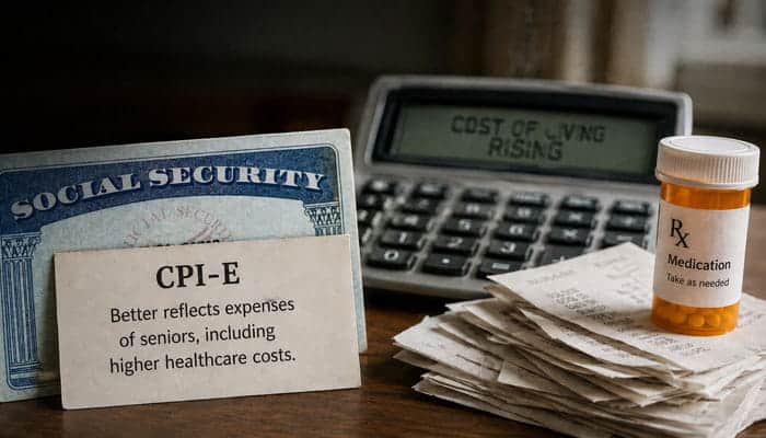 Why Doesnt Social Security Use CPI-E - Startupeditor | Startup Editor Social Security 2027 COLA and CPI-E image with Social Security card, calculator, medical costs, receipts and prescription bottle.