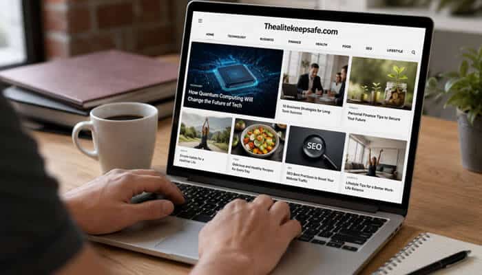 What Does the Website Actually Cover? - Startup Editor | Startup Editor Thealitekeepsafe.com informational website displayed on a laptop with articles covering technology, business, finance, health, food, SEO, and lifestyle topics.