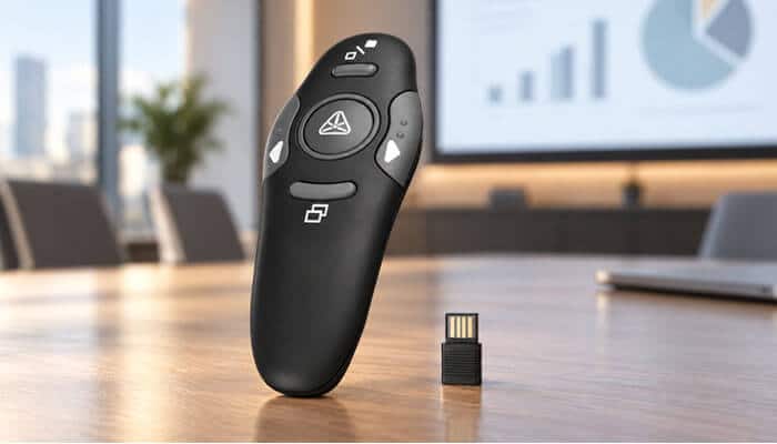 Buying Guide: How to Choose the Best Wireless Presentation Clickers - Startup Editor | Startup Editor Wireless presentation clicker with USB receiver in a modern conference room
