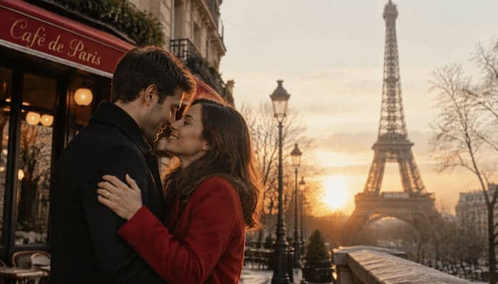 Traditional and Old-Fashioned French Endearments - Startup Editor | Startup Editor French Terms of Endearment represented by a romantic Paris café scene with couples using sweet French love words, pet names, and affectionate phrases.