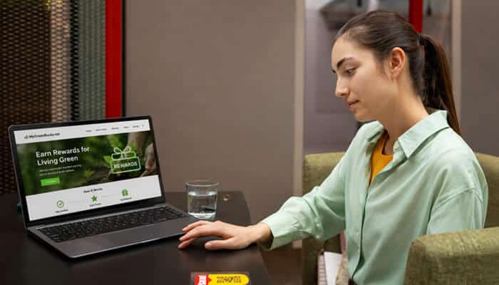 Does MyGreenBucks.net Really Have a Rewards Platform? - Startup Editor | Startup Editor Kenneth MyGreenBucks .net rewards platform shown on a laptop with information about earning rewards for green activities.