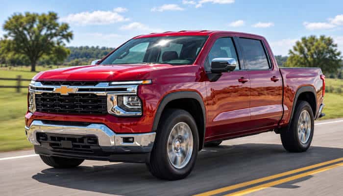 2027 Chevy Silverado Cab and Bed Configurations - Startup Editor | Startup Editor 2027 Chevy Silverado red pickup truck driving on an open highway with redesigned styling, Chevrolet badge, improved aerodynamics, and next-generation truck features