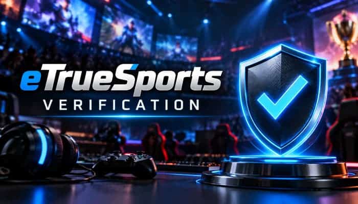 eTrueSports Verification - Startupeditor | Startup Editor eTrueSports verification concept with checkmark shield in a professional esports arena.