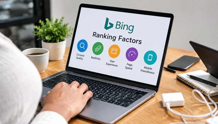Bing Ranking Factors - Startup Editor Startup Editor | Startup Editor How SEO Works in Bing through key ranking factors including content quality, backlinks, user experience, page speed, and mobile optimization displayed on a laptop