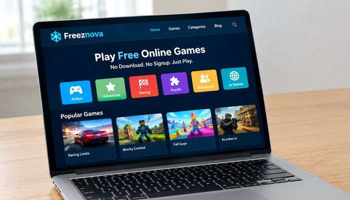 Does Freeznova Require Downloads? - Startup Editor | Startup Editor What Is Freeznova showing a free online gaming website with browser games, multiplayer categories, and no-download gameplay features