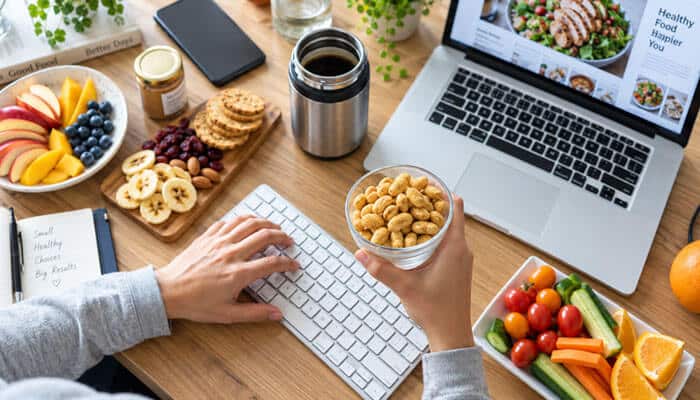 30 Easy High-Protein Healthy Snacks for Work - Startup Editor | Startup Editor Healthy Snacks for Work arranged at an office desk with fruits, roasted snacks, nuts, vegetables, and portable food choices for maintaining energy during work hours.