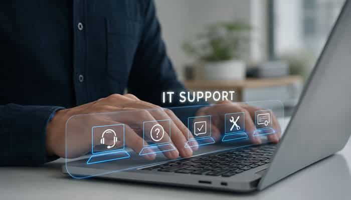 How to Choose a Small Business IT Support Provider - Startup Editor | Startup Editor Small Business IT Support concept showing remote help desk assistance, laptop troubleshooting, cybersecurity tools, and digital technology management.
