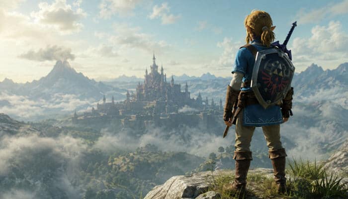 Is There a The Legend of Zelda 2027 Trailer? - Startup Editor | Startup Editor The Legend of Zelda 2027 live-action film artwork showing Link standing before Hyrule Castle with a sword and shield, representing the epic fantasy world, adventure, and cinematic scale of Nintendo’s Zelda movie.