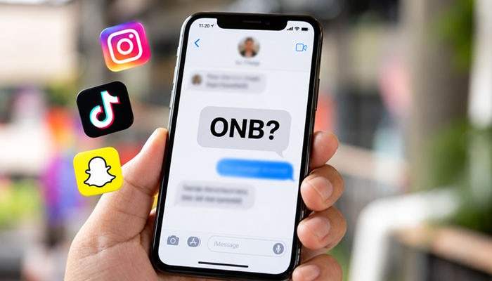 What Does ONB Mean on Social Media? - Startup Editor | Startup Editor ONB Meaning Slang shown in a smartphone text conversation with TikTok, Snapchat, and Instagram icons representing popular social platforms.