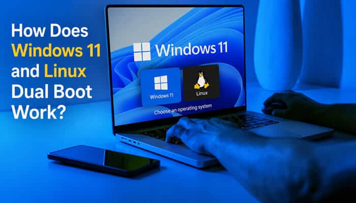 How Does Windows 11 and Linux Dual Boot Work? - Startup Editor | Startup Editor How to Set Up Dual Boot showing Windows 11 and Linux operating system choices on a laptop boot selection screen.