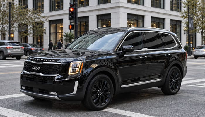 2027 Kia Telluride Towing Capacity 2027 Kia Telluride Towing Capacity - Startup Editor | Startup Editor Black Kia Telluride three-row SUV driving through a city intersection