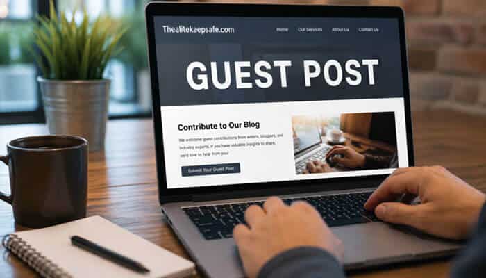 Does Thealitekeepsafe.com Accept Guest Posts? - Startup Editor | Startup Editor Thealitekeepsafe.com guest post page displayed on a laptop, representing contributor content, article publishing, blogging, and guest-post opportunities.