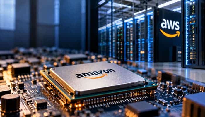 Amazons Chip Ambitions - Startupeditor | Startup Editor Amazon-branded processor sits on a motherboard in a data center, with AWS server racks in the background.