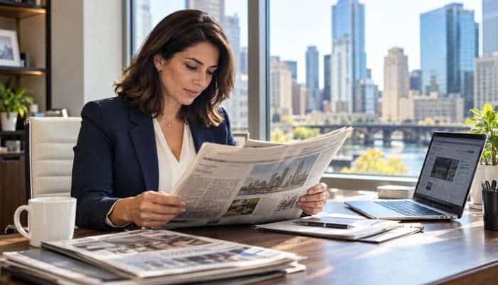 American City Business Journals Publications and Markets - Startupeditor | Startup Editor Woman reading a newspaper beside a laptop, illustrating American City Business Journals market coverage.