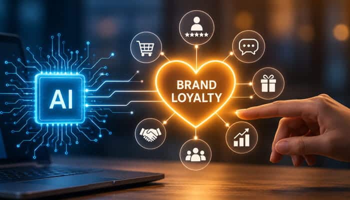 Building Brand Loyalty With AI - Startupeditor | Startup Editor AI chip connected to a glowing heart and customer engagement icons, illustrating building brand loyalty with AI.