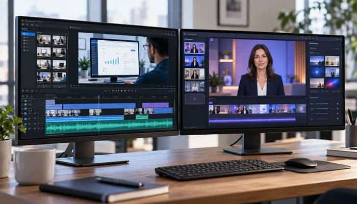 Competing in Enterprise AI Video - Startupeditor | Startup Editor Two monitors showing video editing and AI presenter workflows, illustrating news that Clueso raises million.
