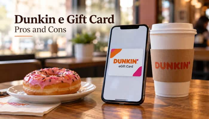 Dunkin e Gift Card Pros and Cons - Startupeditor | Startup Editor Smartphone showing a Dunkin e Gift Card beside coffee and a donut, with a Pros and Cons heading.