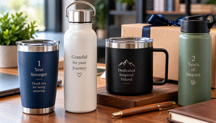 Engraved Drinkware - Startupeditor | Startup Editor Employee anniversary gift ideas featuring engraved tumblers, water bottles, and a mug with appreciation messages.