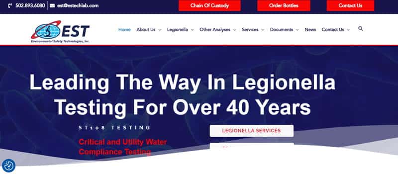 Environmental Safety Technologies - Startupeditor | Startup Editor Hero banner for EST Environmental Safety Technologies: white headline 'Leading The Way In Legionella Testing For Over 40 Years' on a blue background with EST logo and a 'Legionella Services' button.
