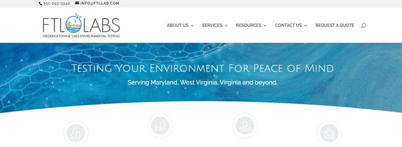 Fredericktowne Labs - Startupeditor | Startup Editor Website header with blue water banner and slogan 'Testing your environment for peace of mind' and region line ( Maryland, West Virginia, Virginia ).
