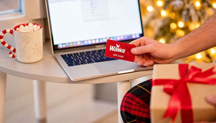 Wawa Gift Card Balance Check Without a PIN - Startup Editor | Startup Editor Wawa Gift Card Balance Check concept featuring a Wawa gift card beside a laptop and wrapped holiday present for convenient balance management.