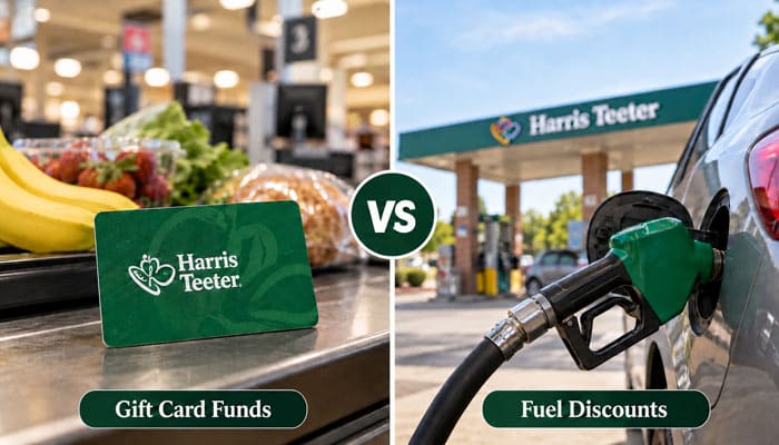 Harris Teeter Gift Card Balance vs | Startup Editor Split screen: left shows Harris Teeter gift card at checkout with groceries; right shows fueling a car at a Harris Teeter gas station with fuel discounts.