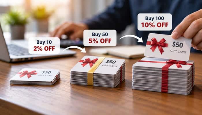 How Bulk Gift Card Discounts Work - Startupeditor | Startup Editor Three stacks of gift cards illustrating bulk gift cards discount tiers of 2%, 5% and 10%.