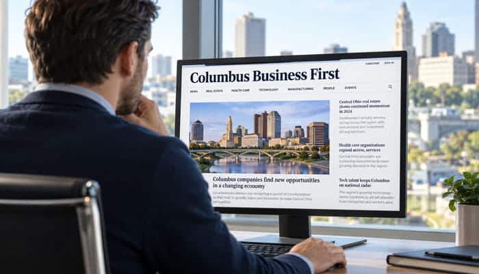 How Reliable Is Columbus Business First - Startupeditor | Startup Editor Professional viewing a Columbus Business First website mockup on a desktop monitor with Columbus in the background.