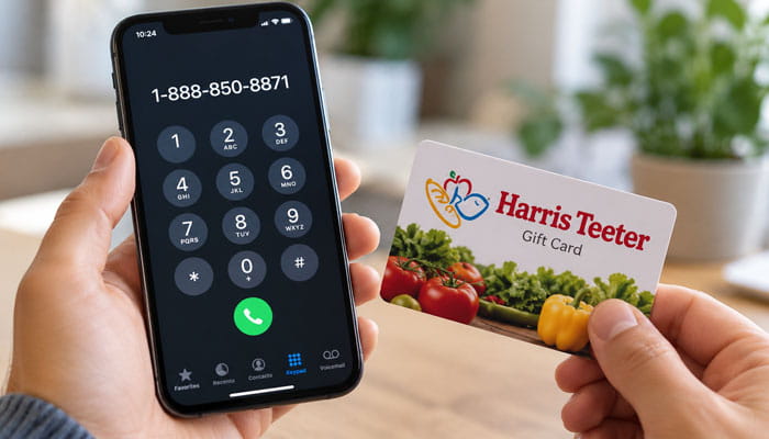 How to Check Your Harris Teeter Gift Card Balance by Phone - Startupeditor | Startup Editor Person holds a smartphone with a dial pad showing the number 1-888-850-8871, beside a Harris Teeter gift card being presented.