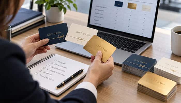 How to Choose the Best Bulk Gift Card Program - Startupeditor | Startup Editor Business buyer comparing bulk gift cards discount options using gift card samples, a laptop and a checklist.