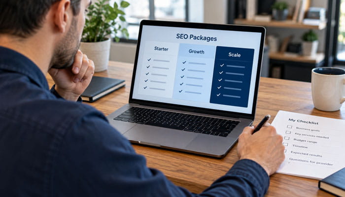 How to Choose the Right SEO Service Glorvix Package - Startupeditor | Startup Editor Man comparing Starter, Growth, and Scale plans on a laptop for an SEO Service Glorvix package review.